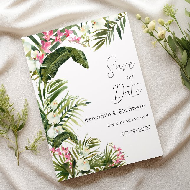 Rosa, tropische Orchideen-Blume Save the Date Einladung (Pink white tropical orchid flowers Save the Date)