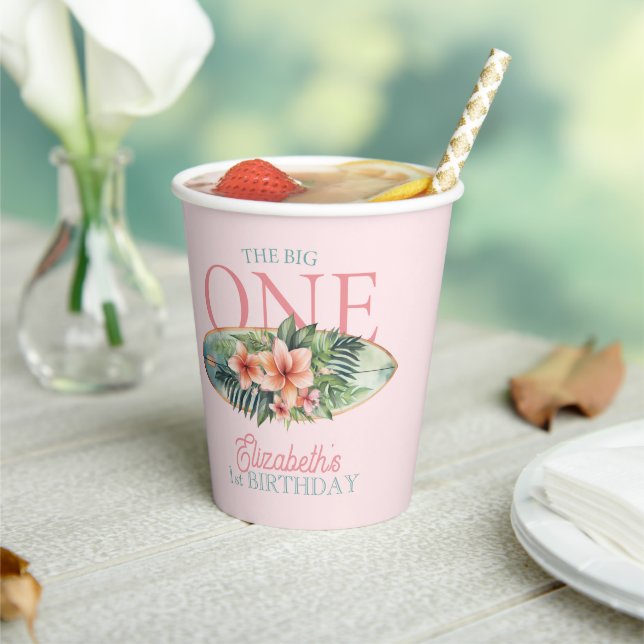 Rosa tropische Surfbrett Der große 1. Geburtstag Pappbecher (In Situ)