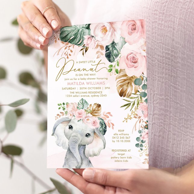 Rosa tropische Vegetation Elephant Baby Girl Einladung (Von Creator hochgeladen)
