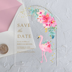 Rosa tropischer Flamingo Hochzeit Save the Date Acryleinladungen