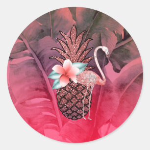 Rosa tropischer Glitter-Ananas-Luau-Party Runder Aufkleber