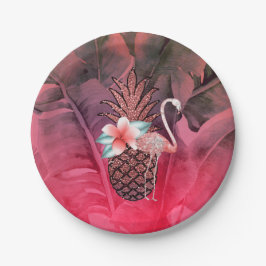 Rosa Tropischer Glitzer Ananas Luau Party Pappteller