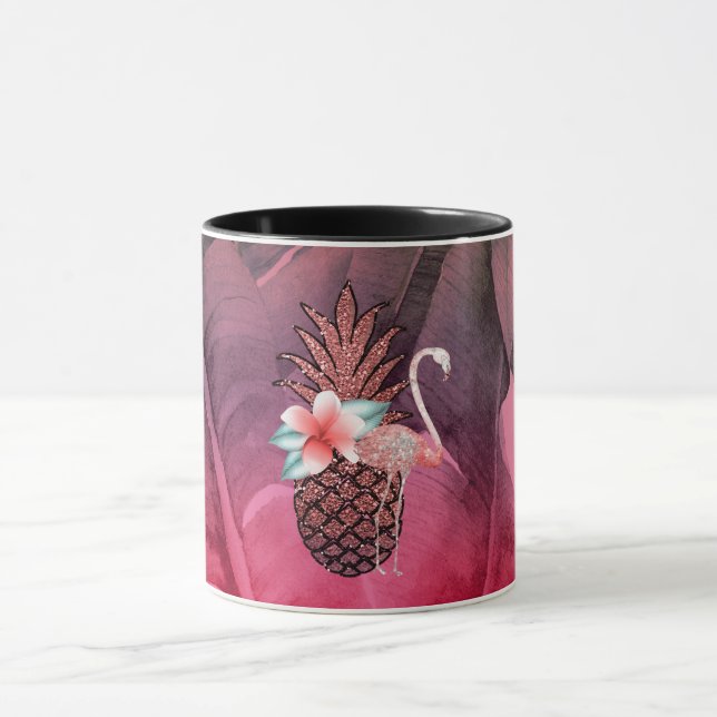 Rosa Tropischer Glitzer Ananas Palme Blätter Chic Tasse (Zentrum)