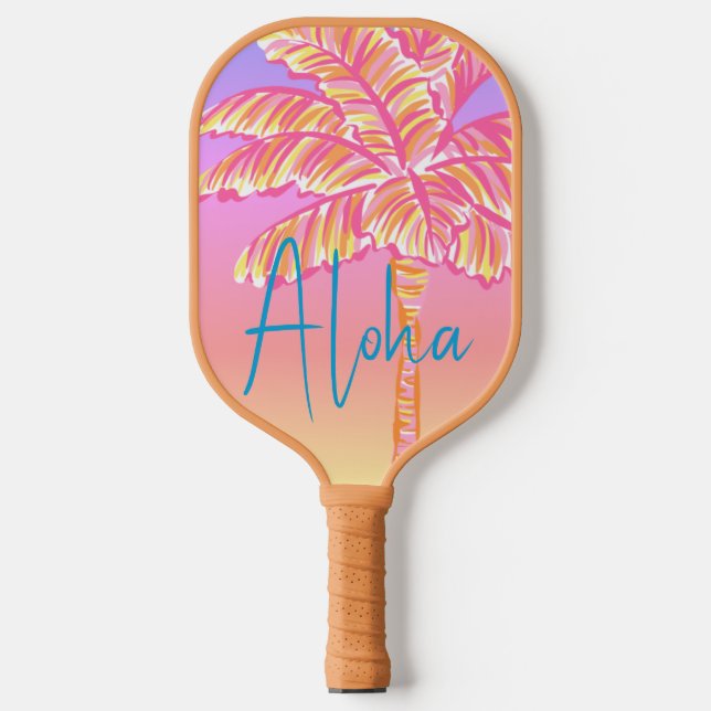 Rosa tropischer Sonnenuntergang Palme Tree Aloha A Pickleball Schläger (Vorderseite)