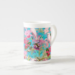 Rosa tropischer Vogel und Orchideenblumenmuster Prozellantasse
