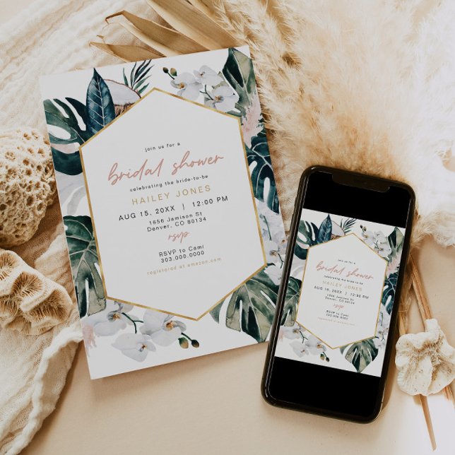 Rosa tropisches Palm Pampas Brautparty Einladung (Von Creator hochgeladen)