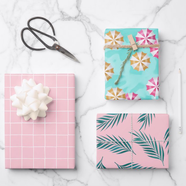 Rosa tropisches Party Geschenkpapier Set (Vorderseite)