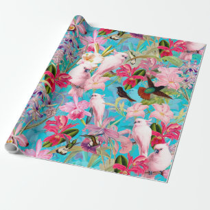 Rosa tropisches Vogel- und Orchideenblumenmuster Geschenkpapier