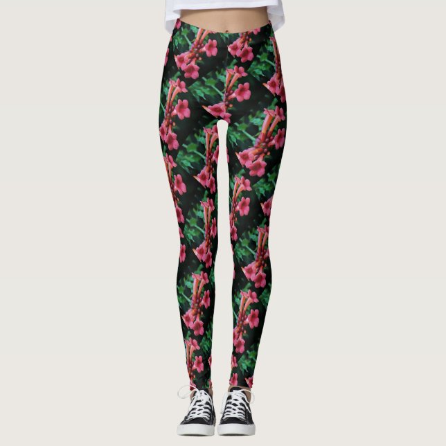 Rosa Trumpet Honeysuckle Botanische Kunst Leggings (Vorderseite)