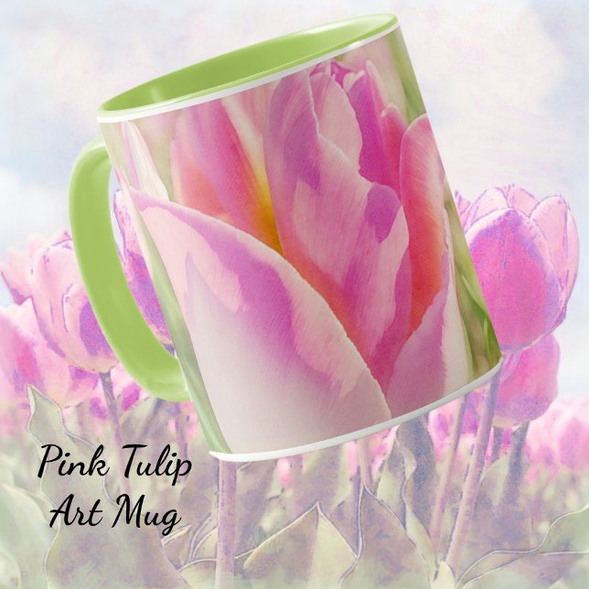 Rosa Tulip Blume Garden Art Tasse Cup (Pretty in pink tulip flower art mug.)
