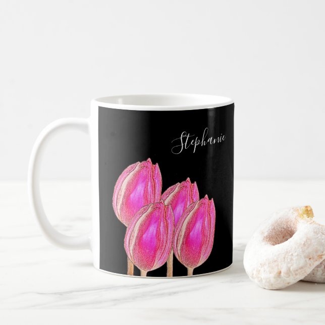 Rosa Tulip Floral Monogramm Name Schwarz benutzerd Kaffeetasse (Mit Donut)