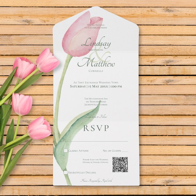 Rosa Tulip Solo Pink Moderner QR Code All In One Einladung (Blush Pink Tulip Solo Pink Modern QR Code All In One Invitation)