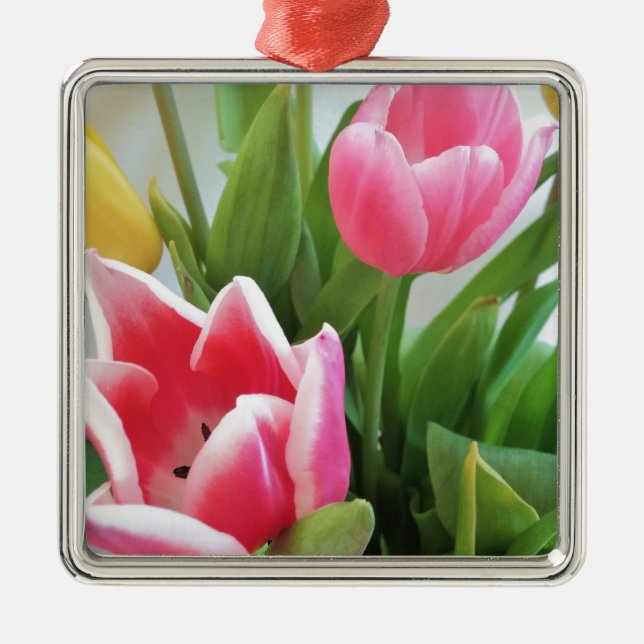 Rosa Tulips, Blumenstrauß, Blume Silbernes Ornament (Vorne)