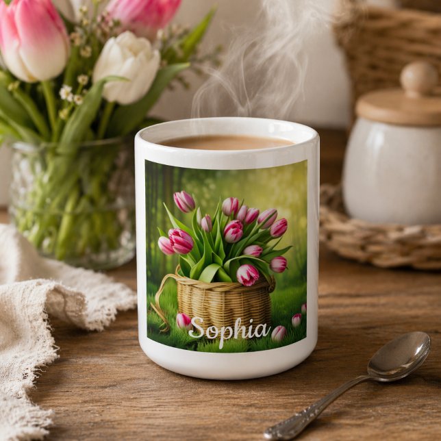 Rosa Tulips im Korb Kaffeetasse (Von Creator hochgeladen)