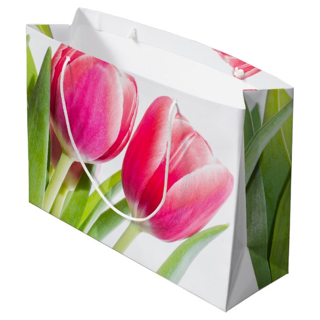 Rosa Tulips mit grünem Blätter Foto Große Geschenktüte (Rückseite Schrägansicht)