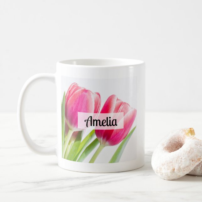 Rosa Tulips mit grünem Blätter Foto Kaffeetasse (Mit Donut)