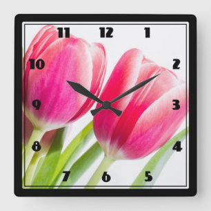 Rosa Tulips mit grünem Blätter Foto Quadratische Wanduhr