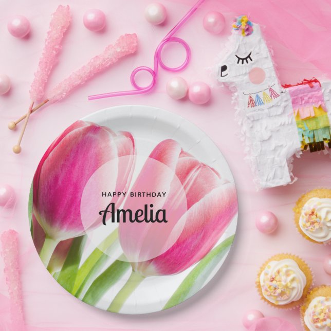 Rosa Tulips mit grünen Blätter Foto Geburtstag Pappteller (Party)