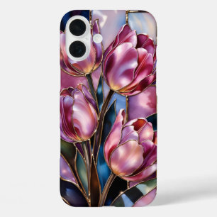 Rosa Tulpe im Stil von Buntglas Telefonhülle iPhone 16 Plus Hülle