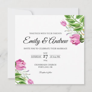 Rosa Tulpen-Ecken-Blumen-Aquarell-Quadrat-Hochzeit Einladung