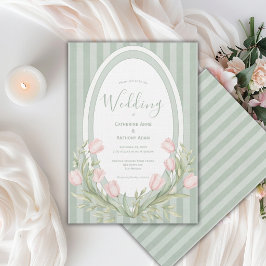 Rosa Tulpen Hellgrün gestreifte Vintage-Hochzeit Einladung