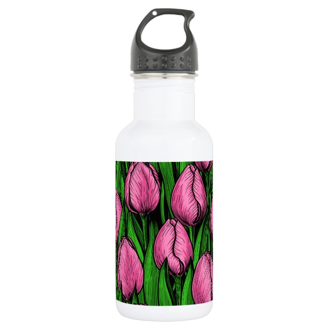 Rosa Tulpen mit grünen Blätter Edelstahlflasche (Vorderseite)