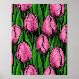 Rosa Tulpen mit grünen Blätter Poster