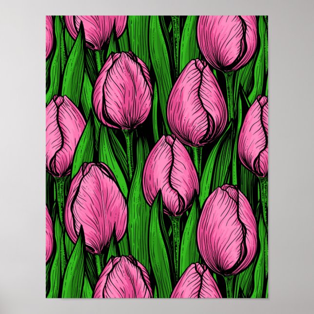 Rosa Tulpen mit grünen Blätter Poster (Vorne)