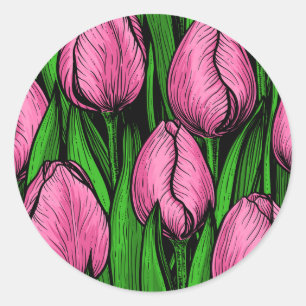 Rosa Tulpen mit grünen Blätter Runder Aufkleber