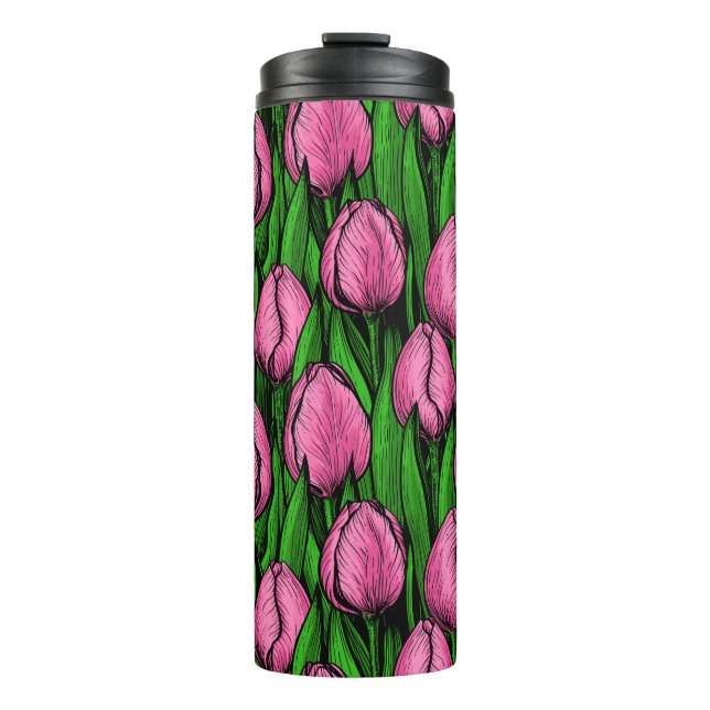 Rosa Tulpen mit grünen Blätter Thermosbecher (Vorderseite)