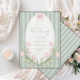 Rosa Tulpen Sagegrün gestreifte Vintage-Hochzeit Einladung