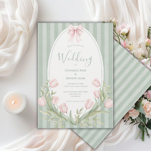 Rosa Tulpen Sagegrün gestreifte Vintage-Hochzeit Einladung