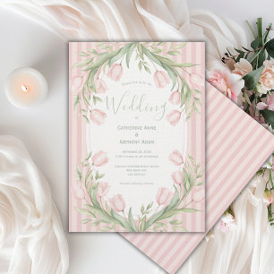 Rosa Tulpen Sagegrün gestreifte Vintage-Hochzeit Einladung