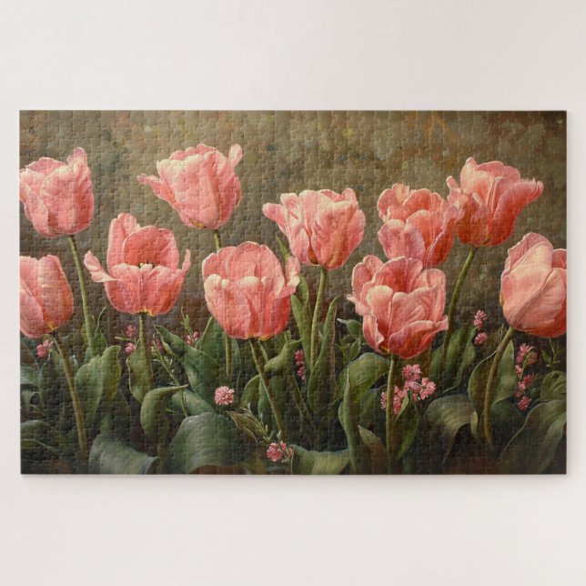 Rosa Tulpen Schönes florales Ölbild Puzzle (Horizontal)