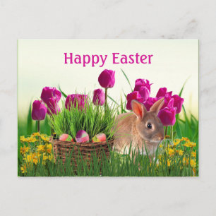 Rosa Tulpen und Osterhase Ferien Postkarte