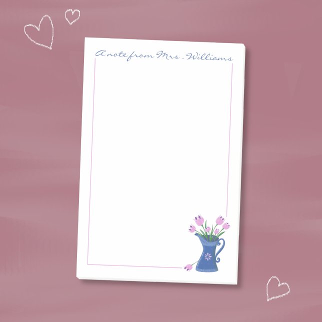 Rosa Tulpenstrauß-Lehrer-Post-It-Notizen Post-it Klebezettel (Pink tulips bouquet in a blue jug personalized sticky notes . )