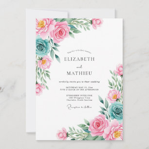 Rosa Türkblaue Florale Hochzeitsromantik Einladung