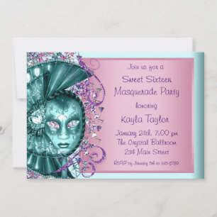 Rosa Türkis Blau Sweet Sixteen Maskenparty Einladung