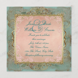 Rosa Türkis Blau und Gold Vintage-Hochzeit Einladung