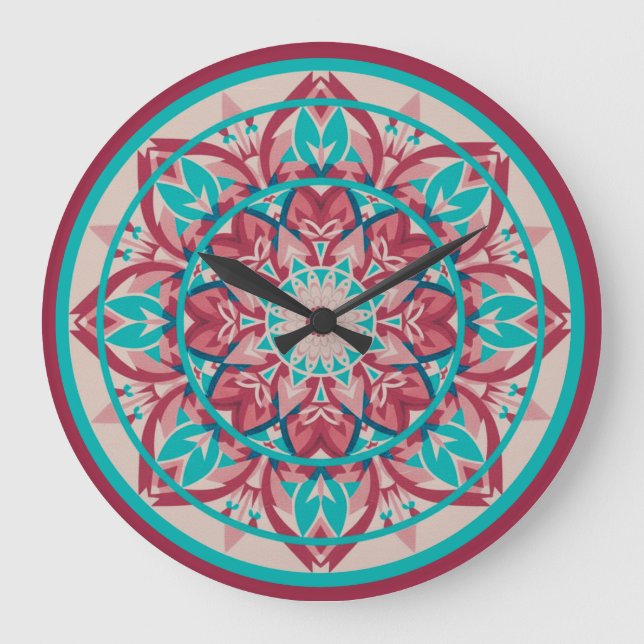 Rosa & Türkis Boho-Mandala-Großuhr Große Wanduhr (Vorderseite)