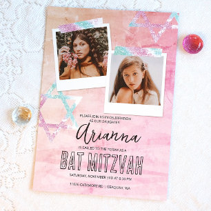 Rosa Türkis Glitter Bat Mitzvah Foto Einladung