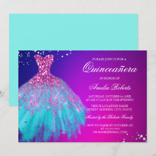 Rosa Türkis Glitzerkleid Quinceanera Einladung
