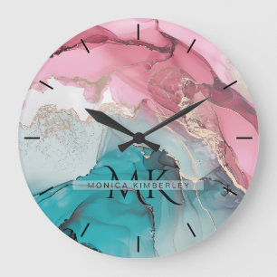 Rosa Türkis Gold Achat Stein Monogramm Name Große Wanduhr