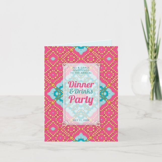 Rosa Türkis Gold Boho Chic Abendessen Getränke Par Einladung (Vorderseite)