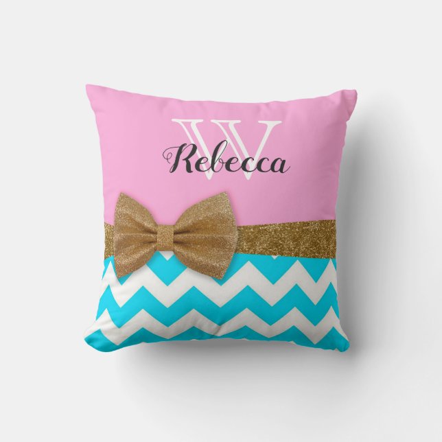 Rosa Türkis-GoldGlitzer-Monogramm-Kissen Kissen (Vorderseite)