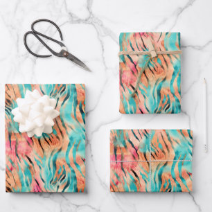 Rosa, Türkis & Orange Tigerstreifen Geschenkpapier Set