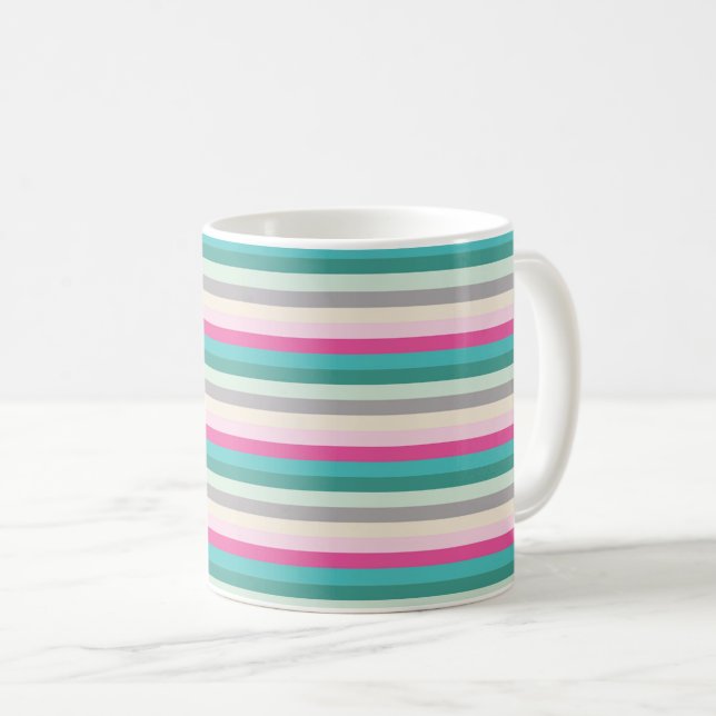 Rosa Türkis und Grau gestreift Kaffeetasse (VorderseiteRechts)