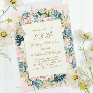 Rosa Türkis Vintage Blumen Botanisch 100. Geburtst Einladung
