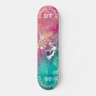 Rosa Türkisfarben-Monogramm-Wolf Skateboard