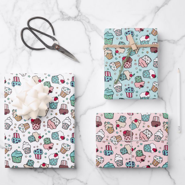 Rosa türkisfarbene Niedliche Cupcake-Muster Geschenkpapier Set (Vorderseite)